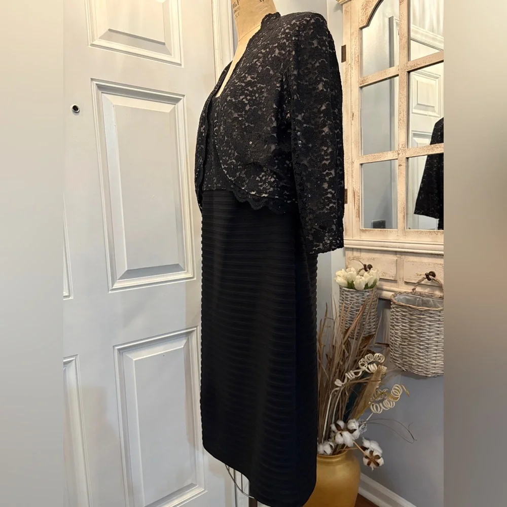 R&M Richards Black Sequined Dress w/Jacket Cream Detail 18 Dark Romantic Lace - Picture 3 of 10